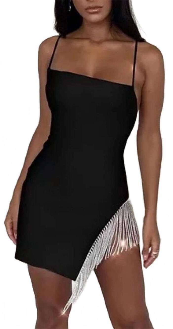 NEW MELODY tassle side spaghetti strap mini dress in black